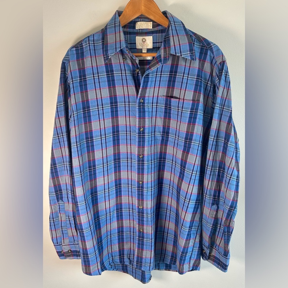 Vintage Viyella Mens Plaid Flannel Shirt Sz L Blue Gray Wool Blend Button-Up EUC